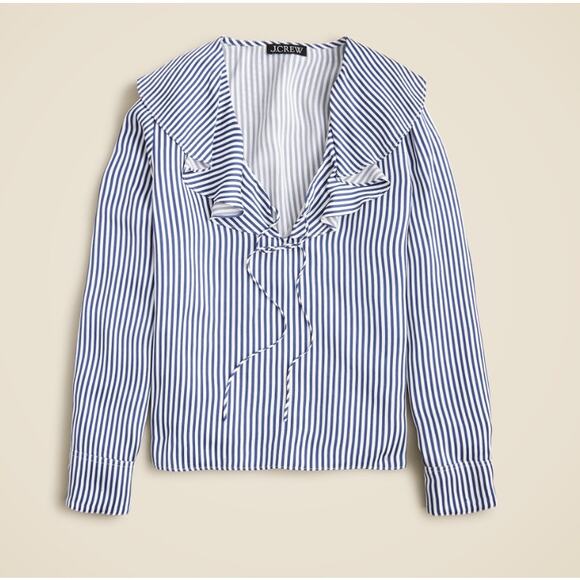 J.Crew Goldie Satin Top WMNS XS Navy White Striped Long Sleeve Ruffle Tie Neck - Picture 2 of 8